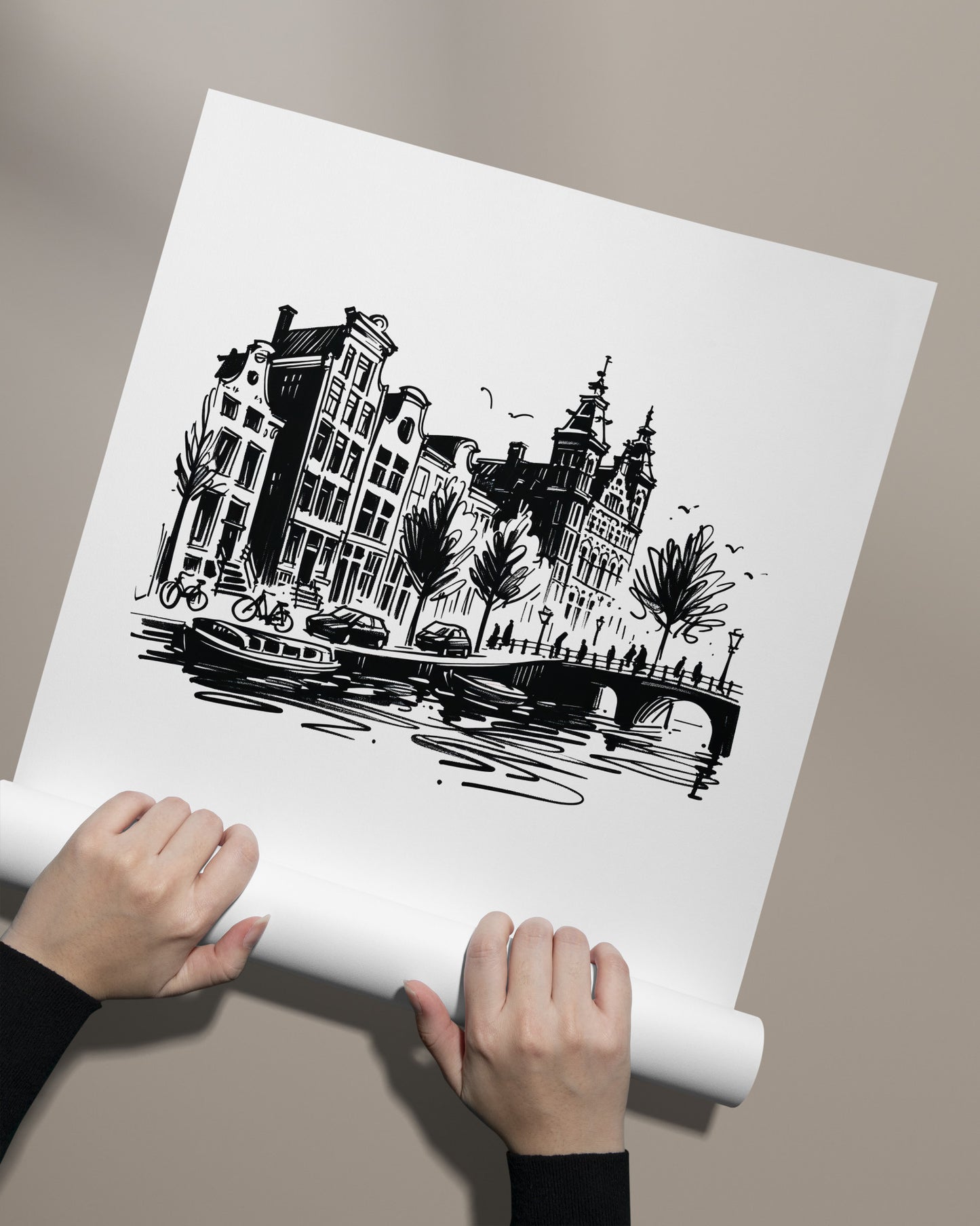 Poster des canaux d'Amsterdam déroulé à la main, sans cadre