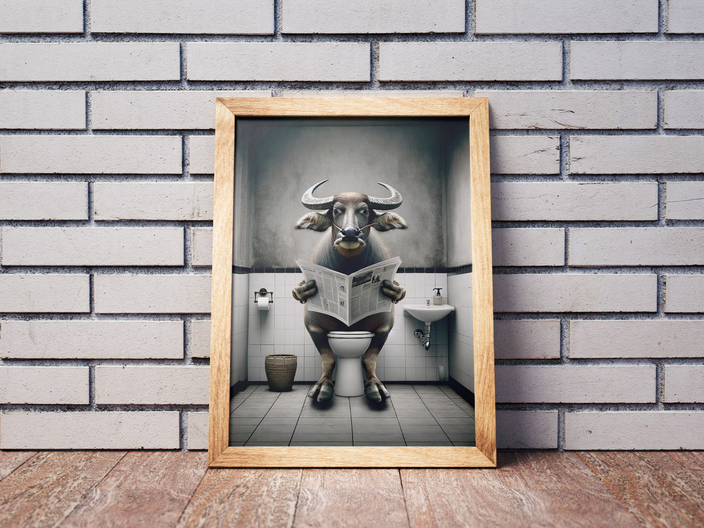 Poster Buffle lisant le journal aux toilettes, Décoration Humoristique WC, Affiche Salle de bain, Cadeau Original Fun