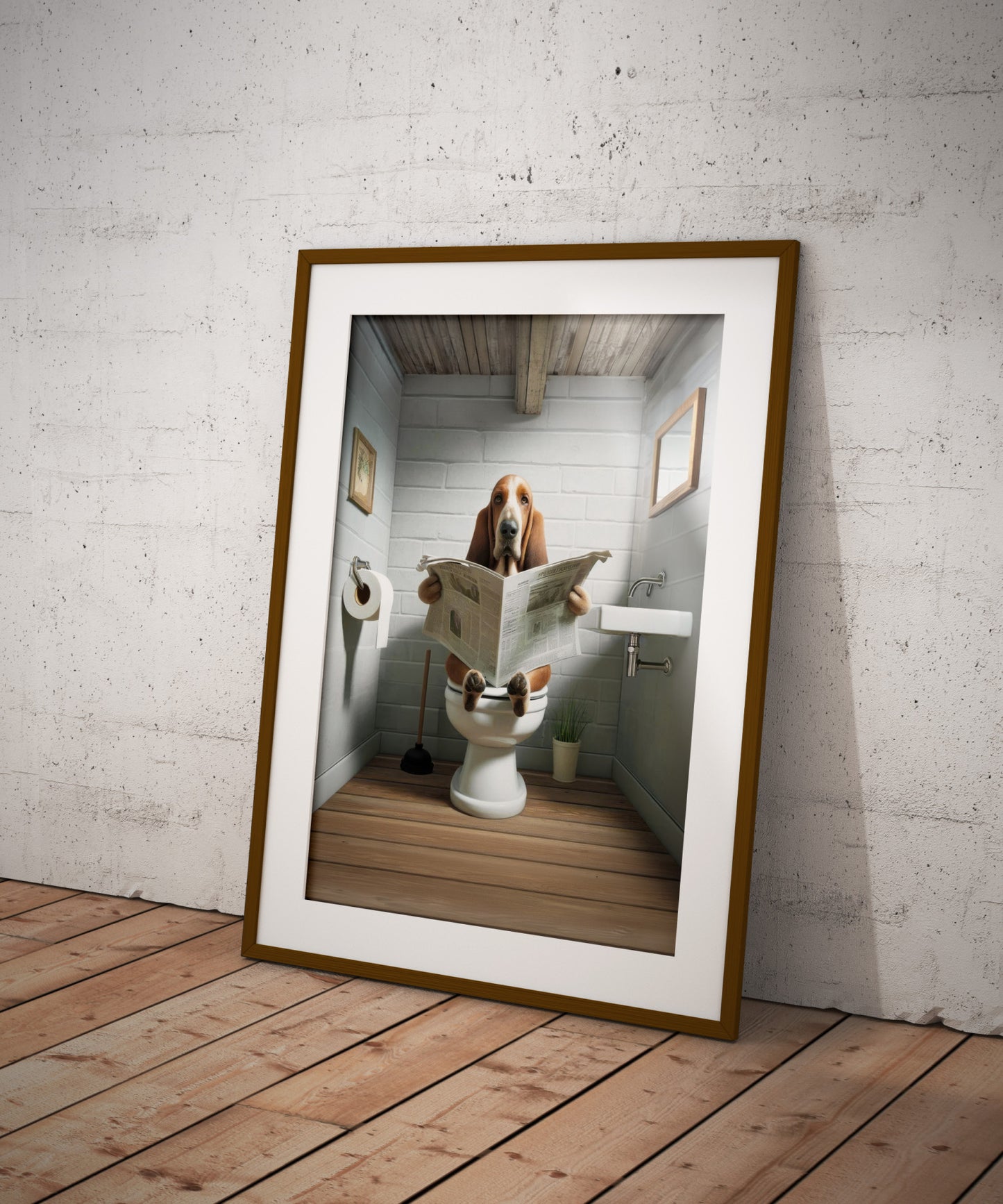 Poster Humoristique Basset Hound lisant le Journal sur les Toilettes – Décoration WC et Salle de Bain, Cadeau Amusant