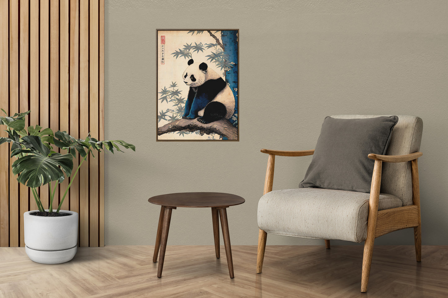 Japanese art panda poster on a beige living room wall with a wooden armchair and round side table