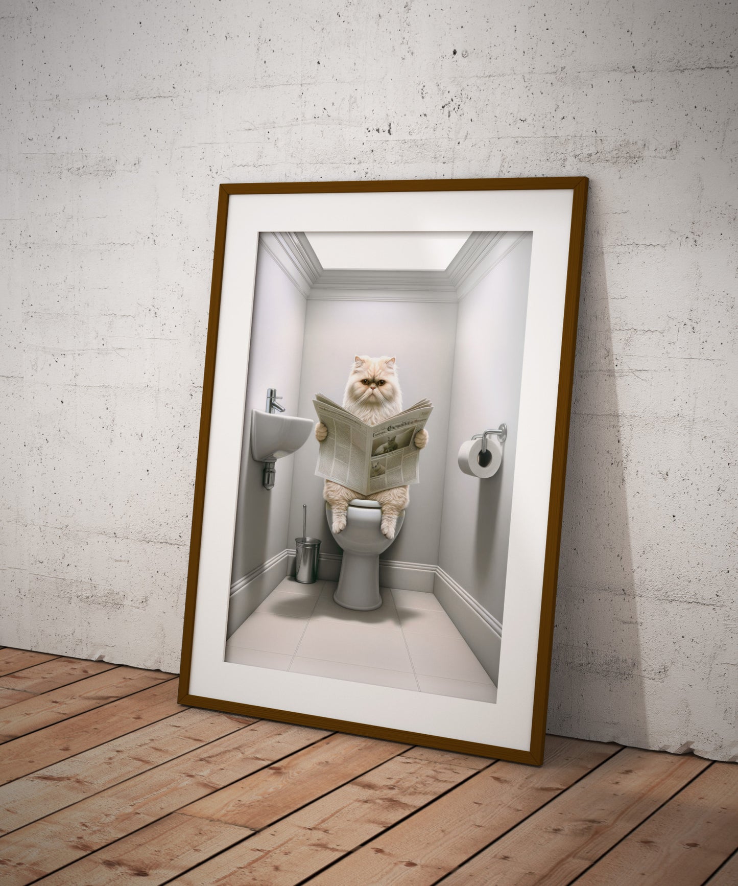 Affiche murale humour Chat Persan crème aux toilettes, Décoration WC et Salle de bain, Cadeau fun pour amoureux des chats