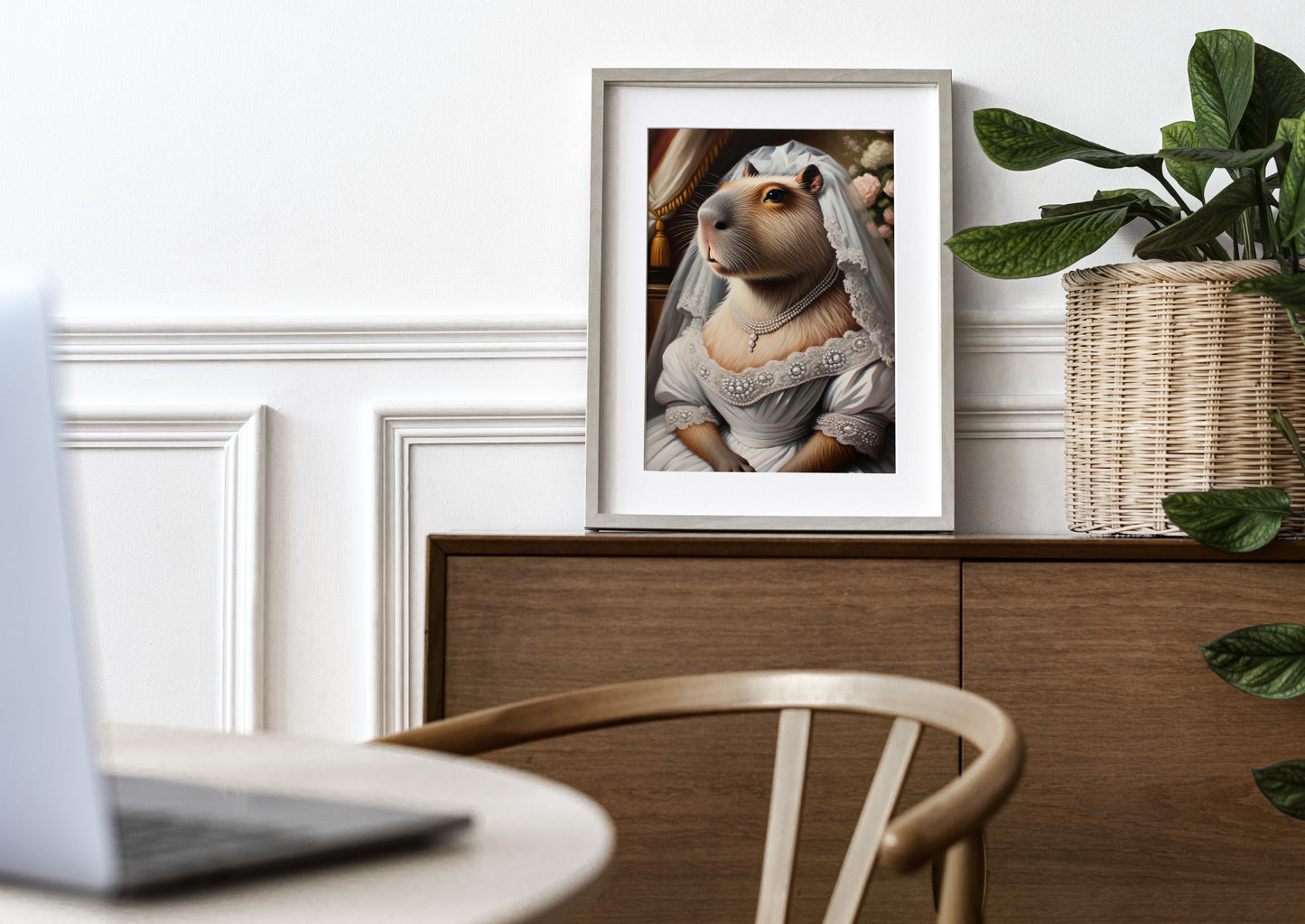 Poster capybara mariée encadré avec passe-partout sur un buffet en bois, mur blanc à moulures