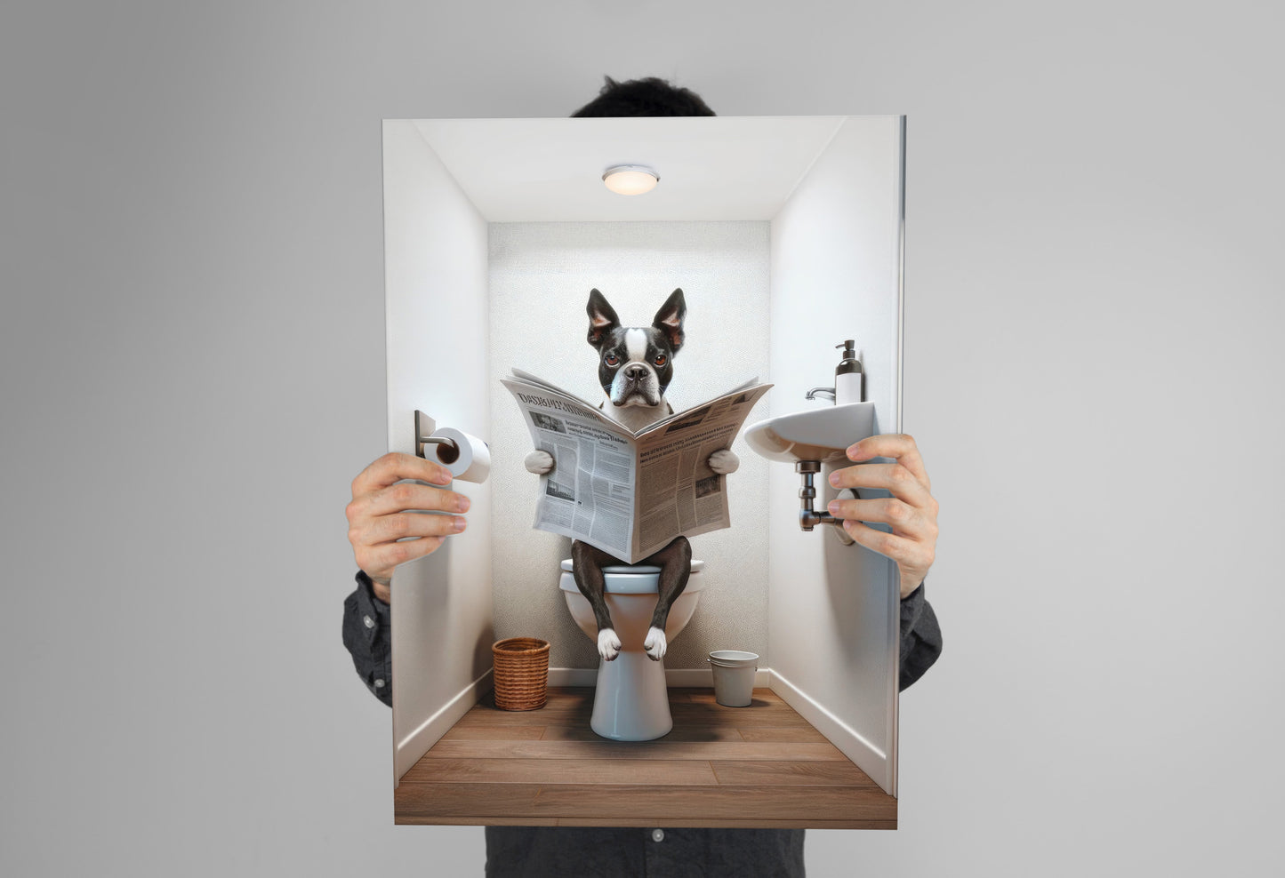 Poster Humoristique Boston Terrier, Déco WC, Cadre Salle de Bain, Art Mural, Cadeau Original Toilettes