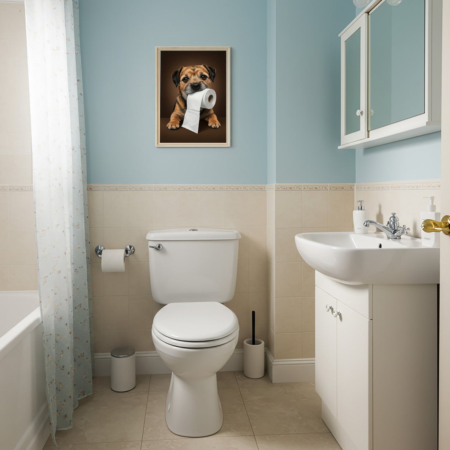 Poster Border Terrier et son rouleau de papier toilette sur un mur bleu ciel au-dessus des WC