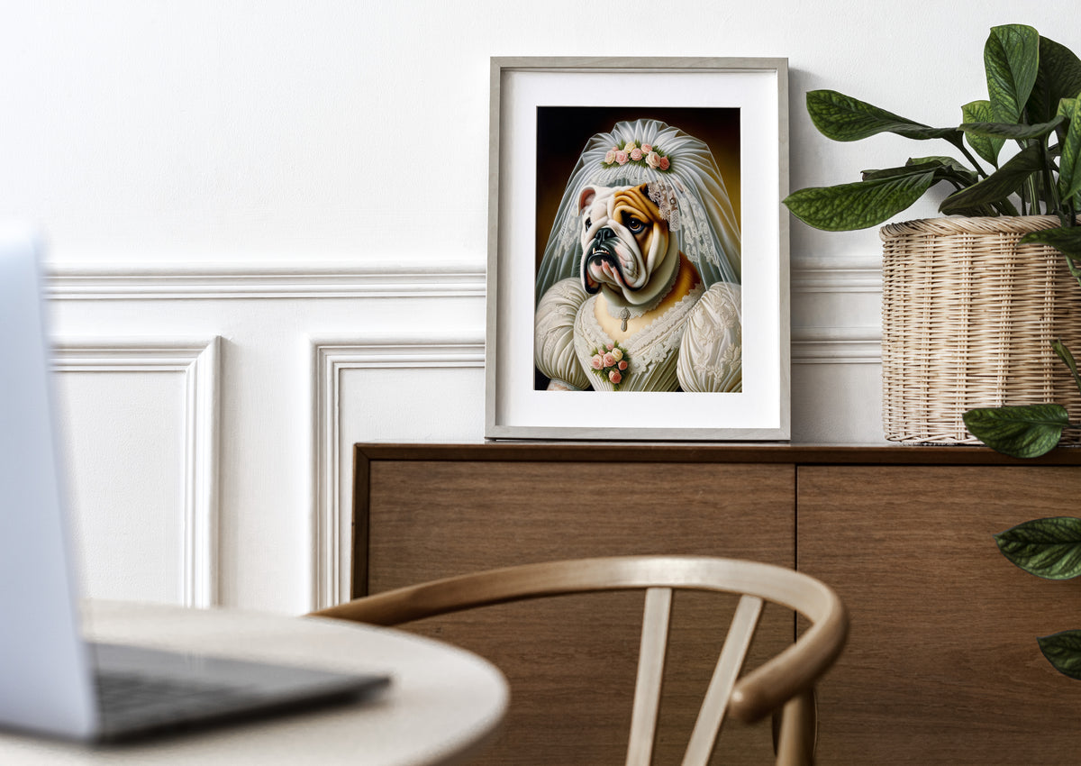 English Bulldog bride poster in a natural wood frame with mat on a wooden sideboard near a plant
