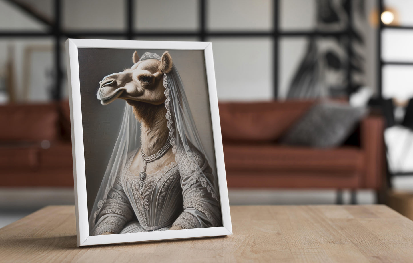 Camel bride poster in a white frame on a wooden table, blurred leather sofa behind