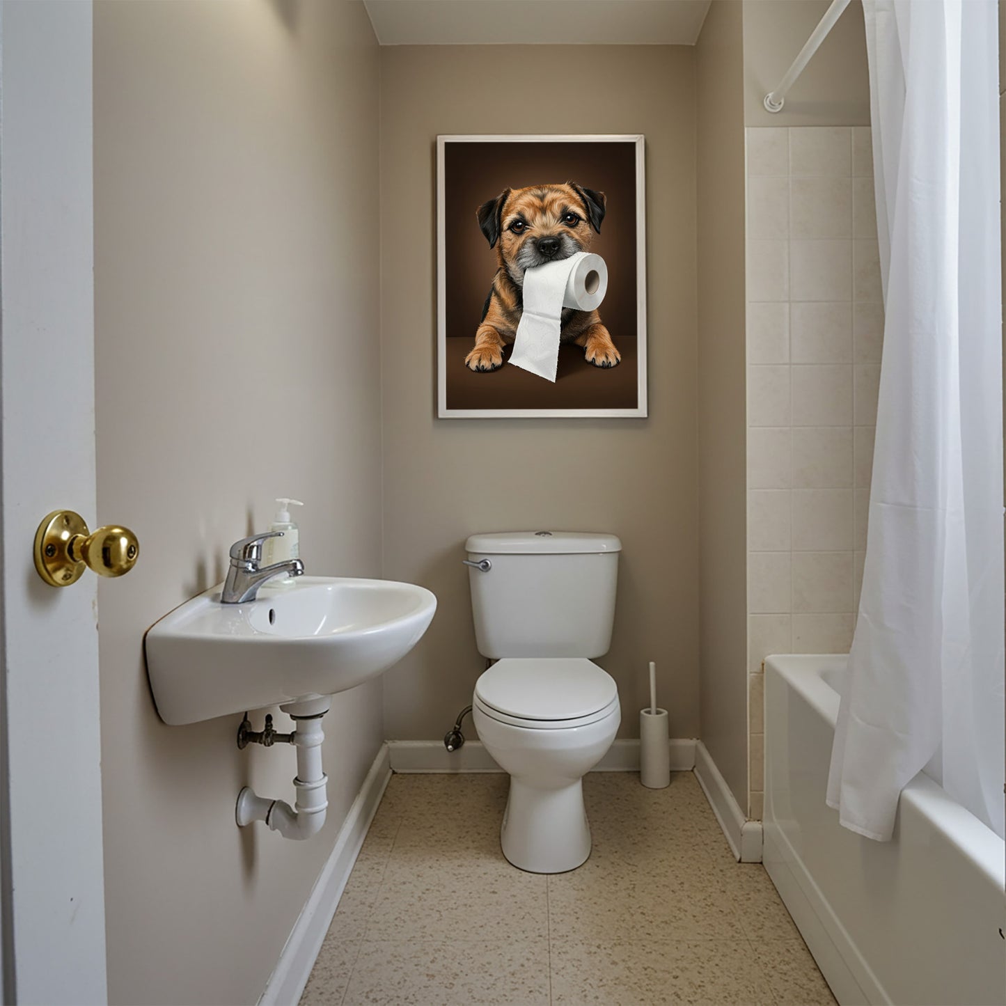 Poster humour WC Border Terrier encadré au-dessus des toilettes, salle de bain beige et rideau de douche