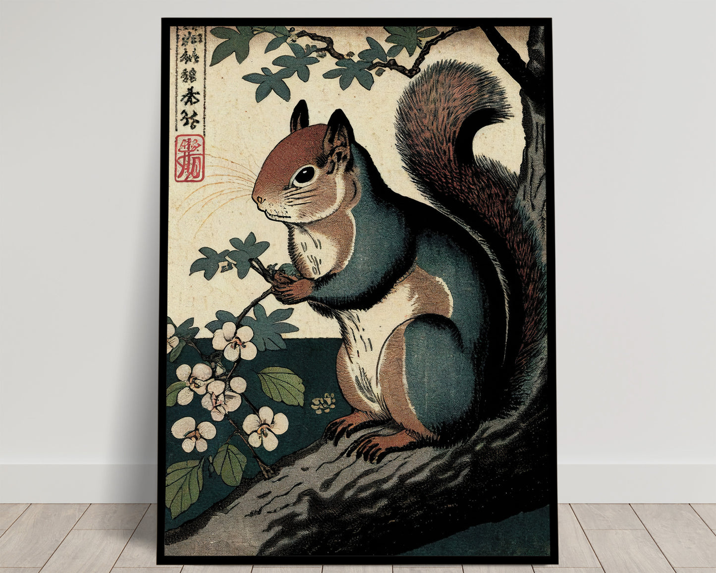 Écureuil roux sur une branche parmi des fleurs blanches, fond crème et calligraphie, style ukiyo-e, poster Balthazart Studio