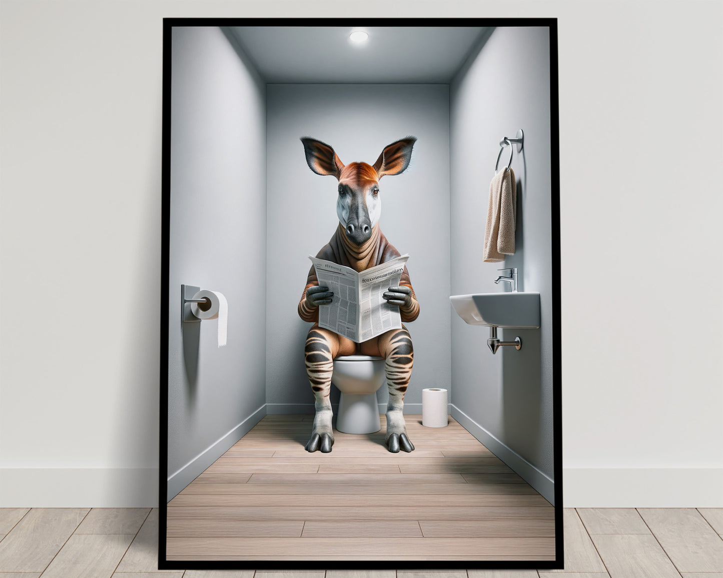 Okapi aux pattes rayées lisant le journal sur les toilettes, WC gris clair et parquet, poster Balthazart Studio