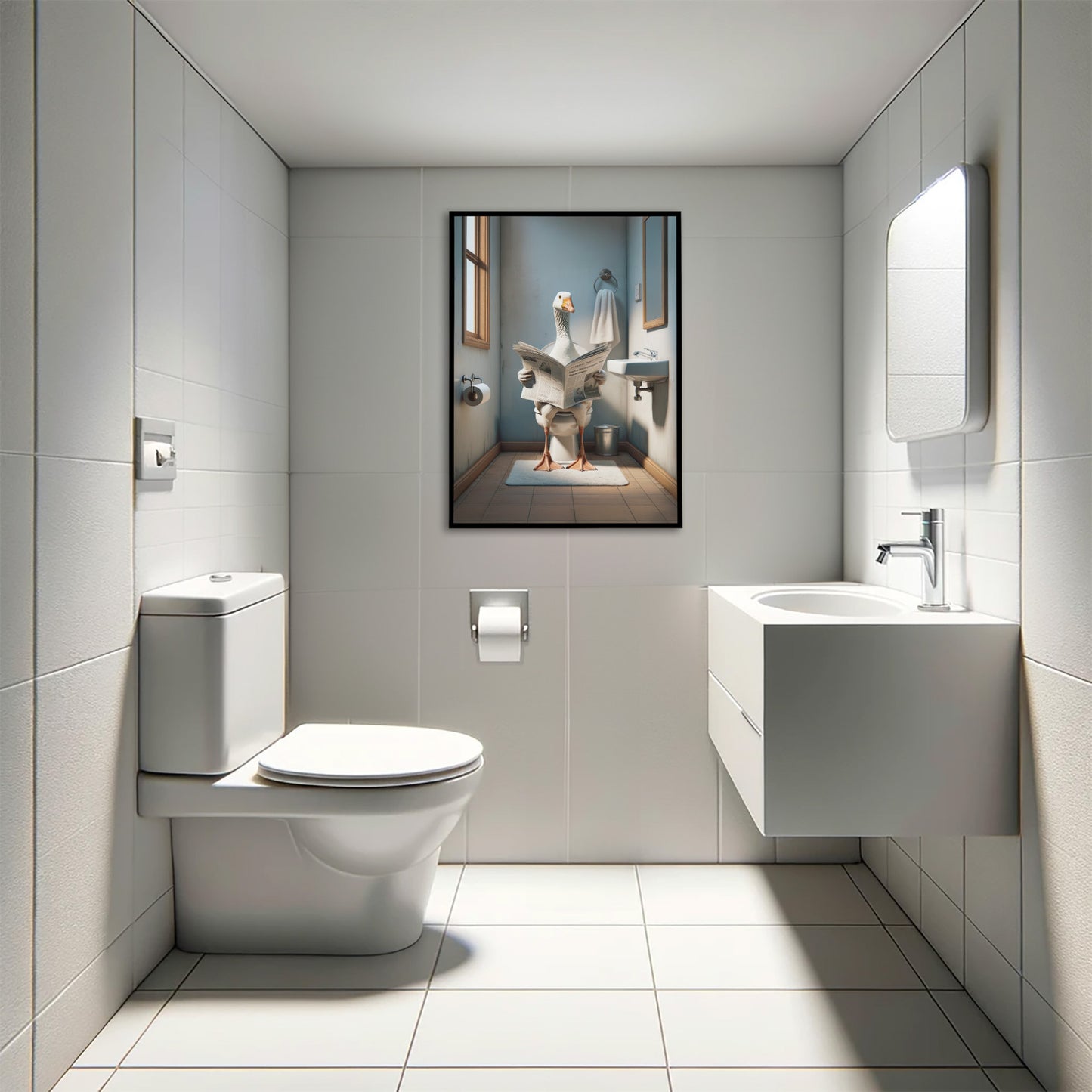 Poster Humour WC : Oie lisant le journal sur toilettes, Décoration Salle de Bain, Cadre Fun, Idée Cadeau Originale