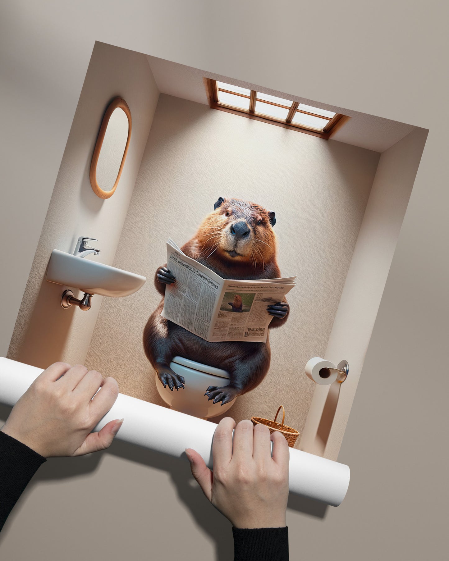 Poster Humour : Castor Lisant le Journal aux Toilettes, Décoration Salle de Bain, Cadeau Amusant, Art Mural WC