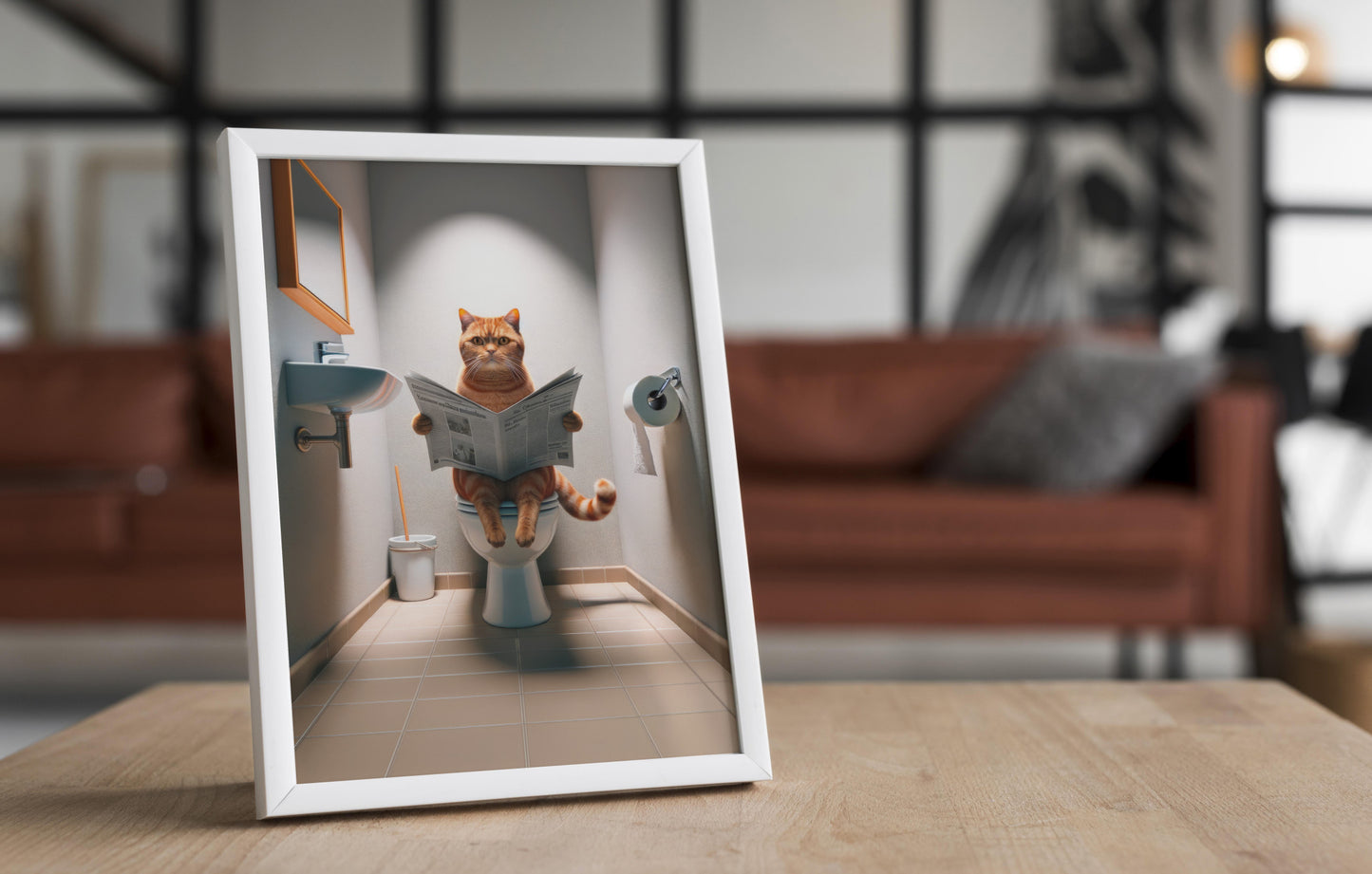 Affiche Murale Chat Roux British Shorthair sur Toilettes - Déco Humour WC & Salle de Bain, Idée Cadeau Fun