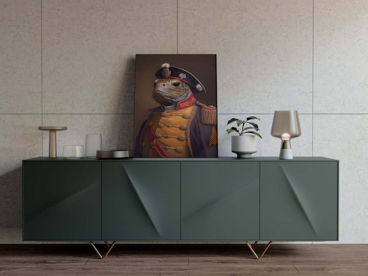 Turtle in military uniform poster standing on a green sideboard against a beige tiled wall