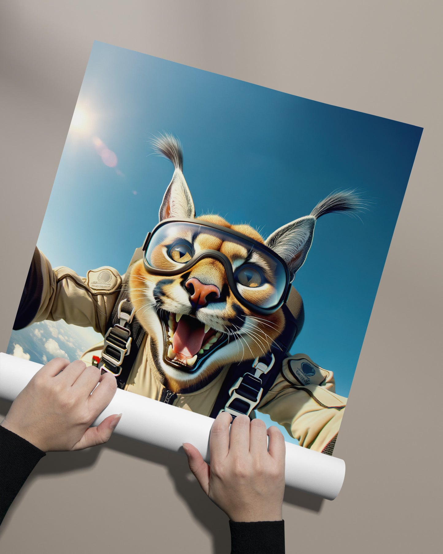 Skydiving Caracal Poster - Epic Animal Wall Art | Extreme Sport Decor | Unique Gift for Animal Lovers