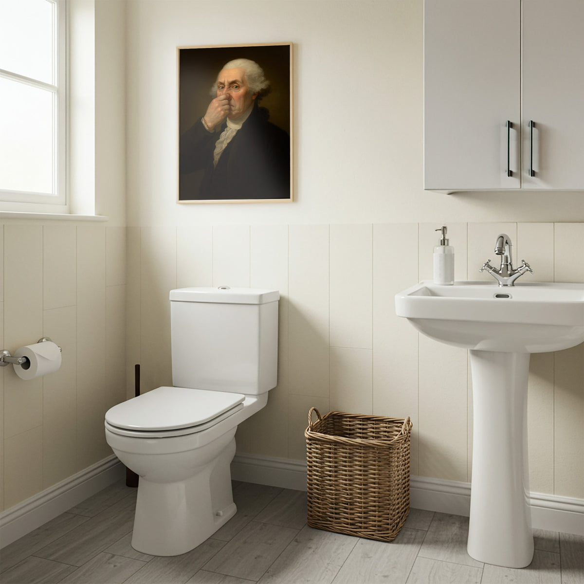 Toilettes crème et lavabo colonne, poster Washington qui se pince le nez en cadre bois clair au-dessus des WC