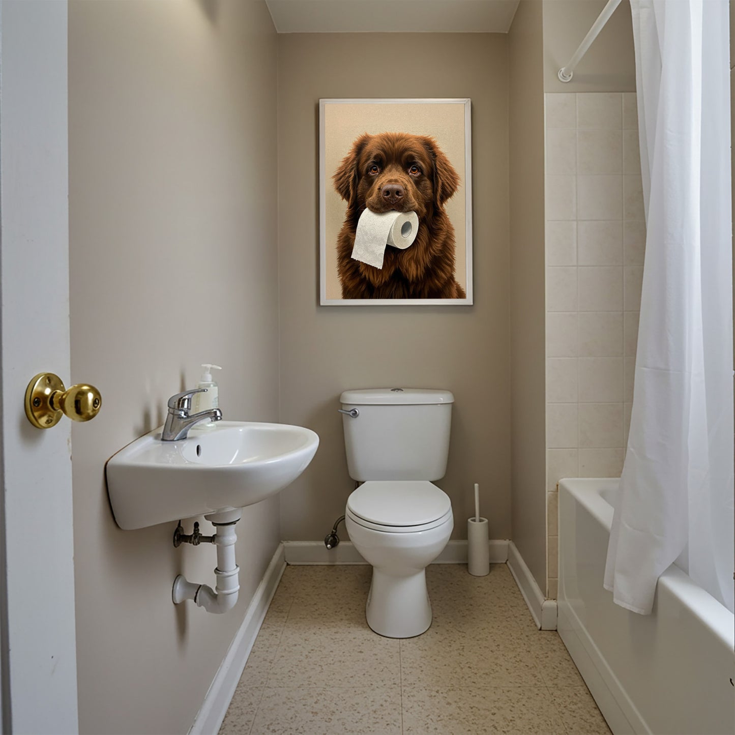 Newfoundland Dog Bathroom Humor Poster – Funny Toilet Paper Wall Art, Dog Lover Gift, Framed Bath Decor, Unique Newfoundland Print