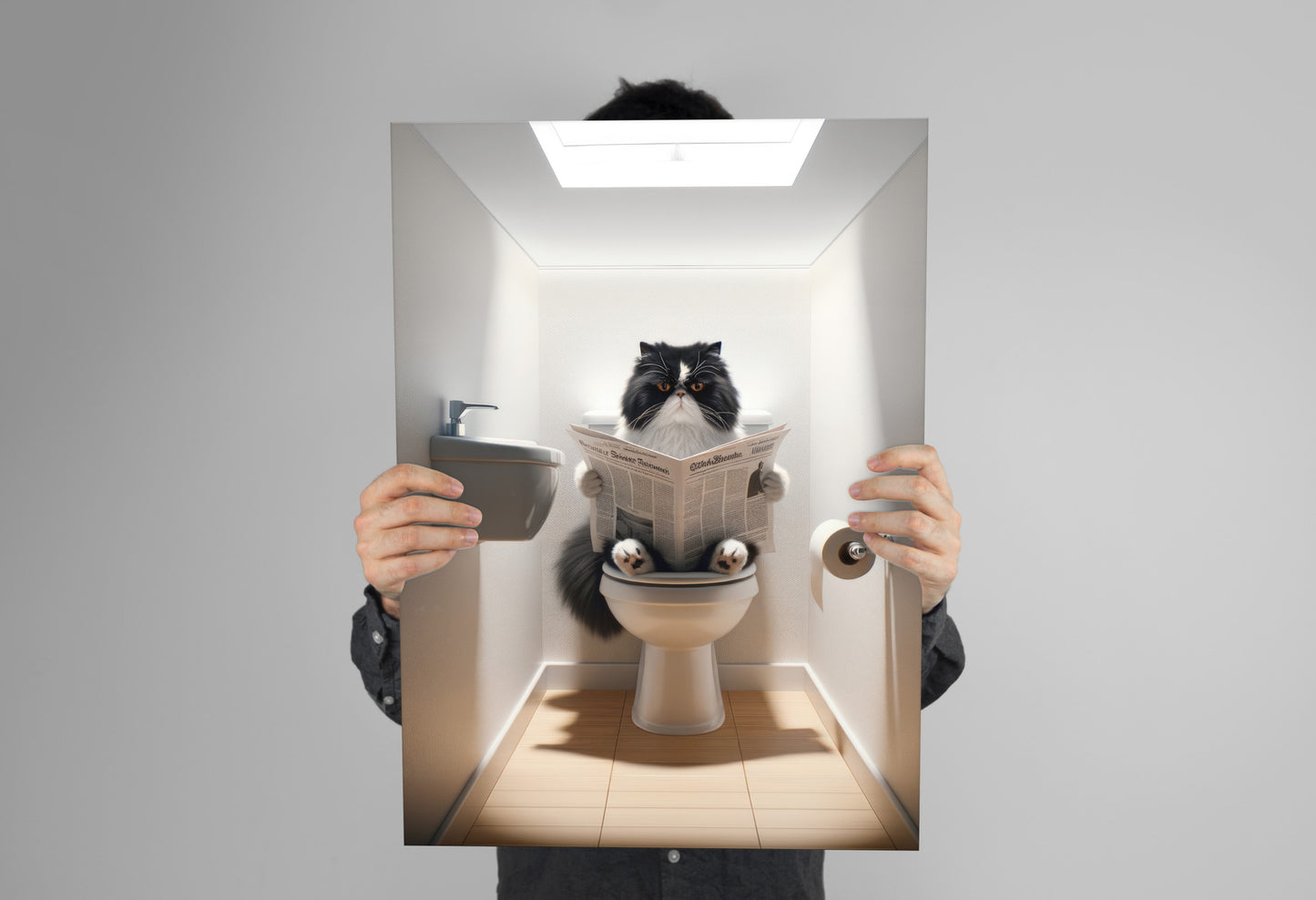 Affiche Humour : Chat Persan Noir et Blanc lisant aux Toilettes - Déco WC & Salle de Bain, Cadeau Rigolo pour Amateurs de Chats