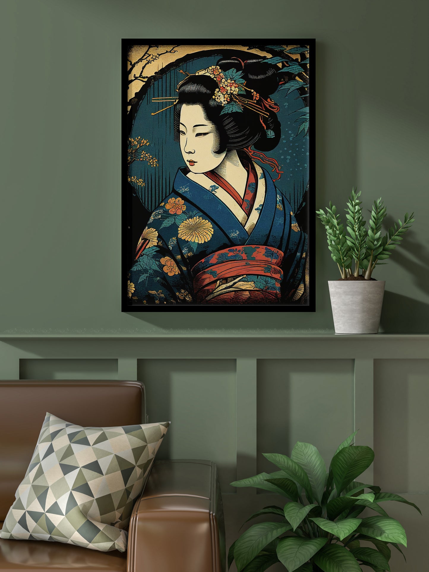 Elegant Japanese Geisha Poster in Blue Kimono - Traditional Art Style for Sophisticated Home Decor