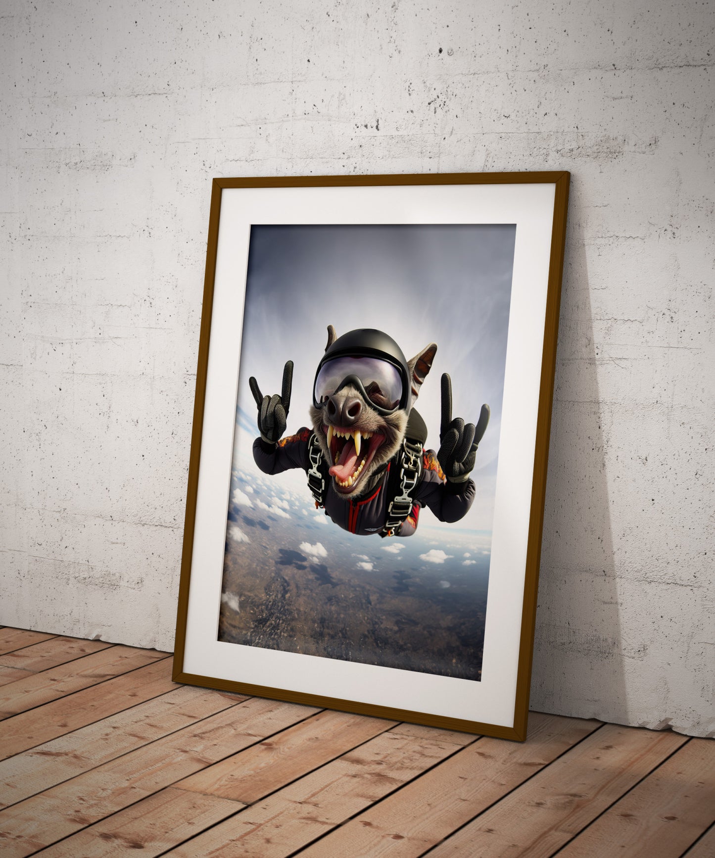 Bat free fall poster, dark wood frame with mat, leaning on a wood floor against a white wall