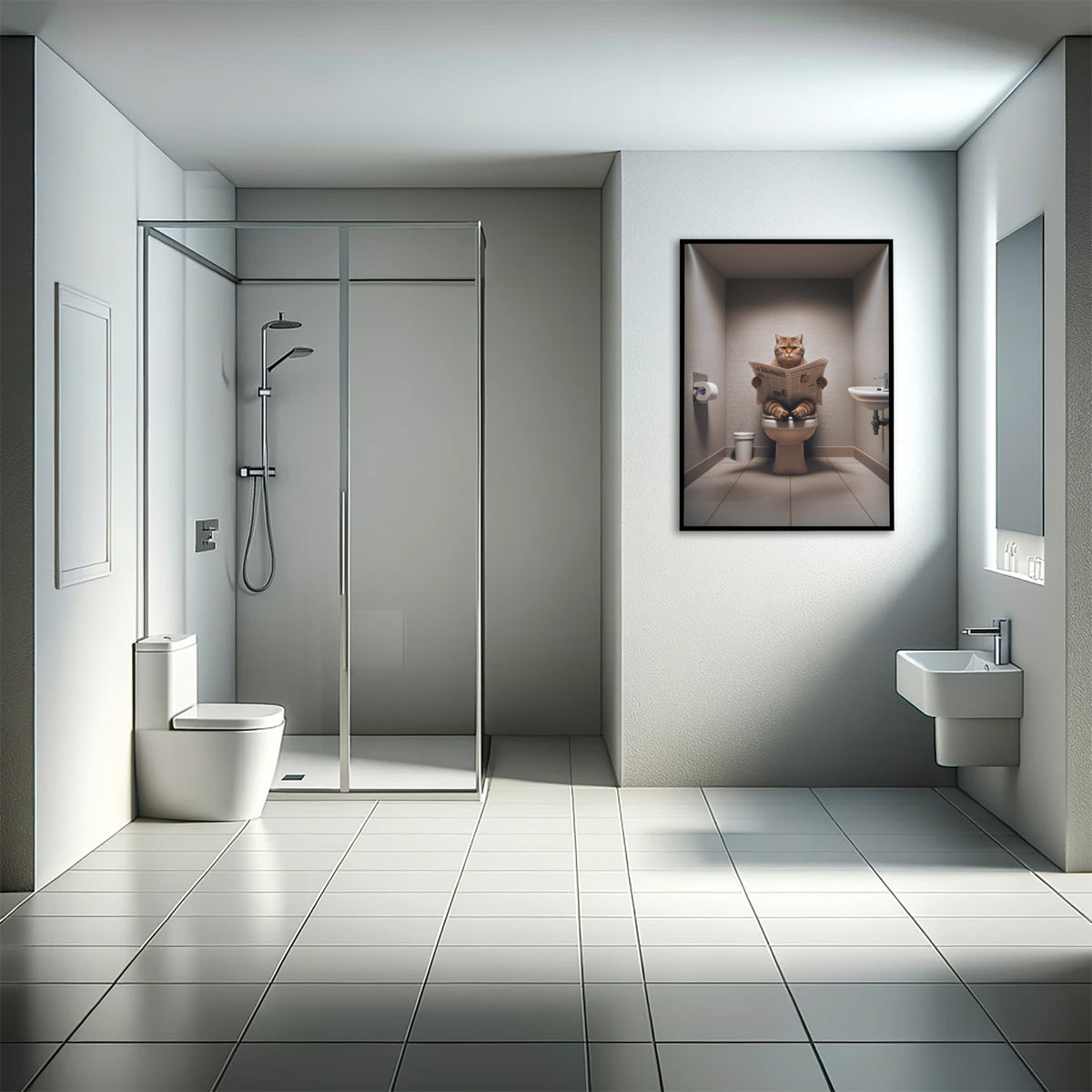 Affiche chat British Shorthair brun tigré lisant le journal dans une salle de bain avec douche à l'italienne, cadre noir