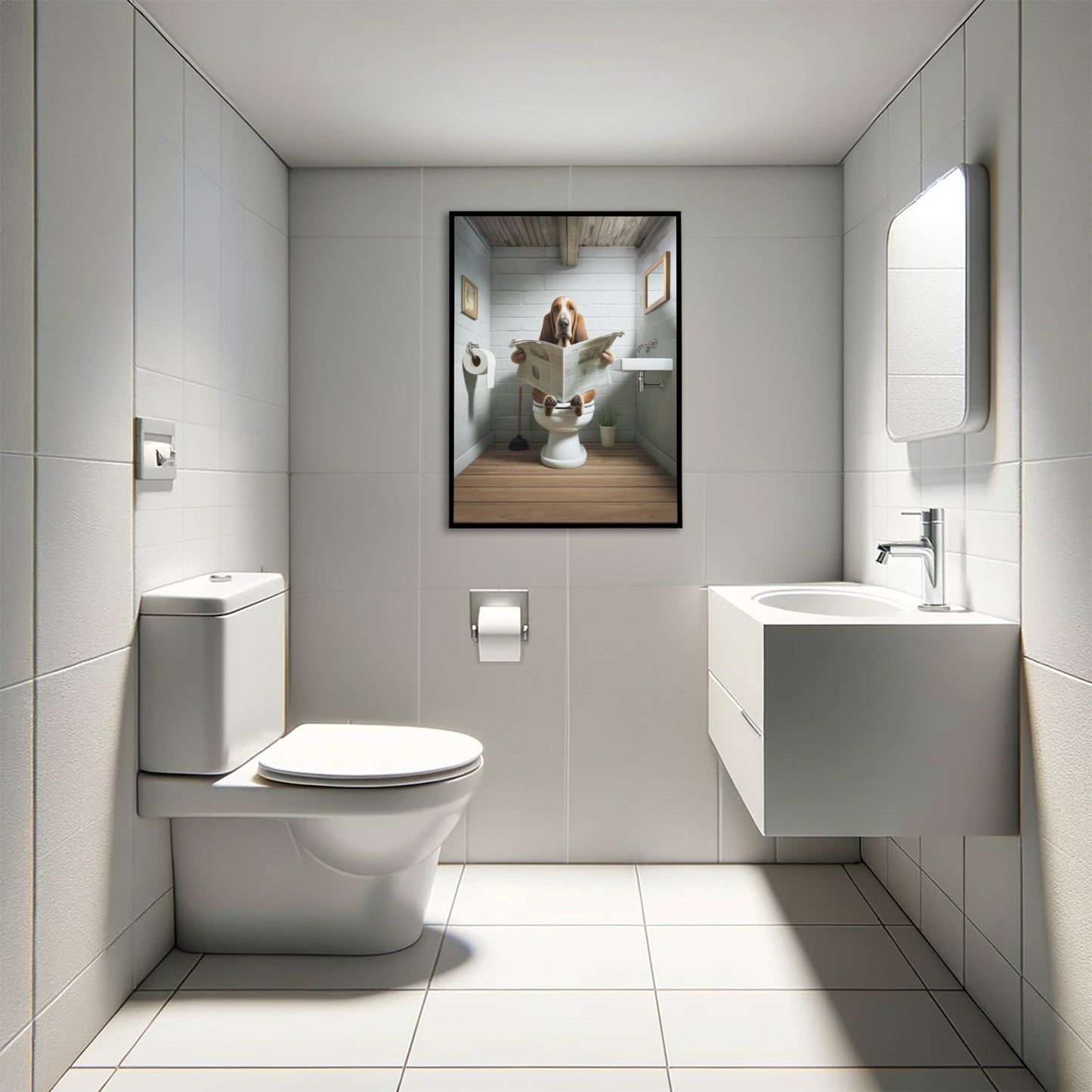 Poster Humoristique Basset Hound lisant le Journal sur les Toilettes – Décoration WC et Salle de Bain, Cadeau Amusant