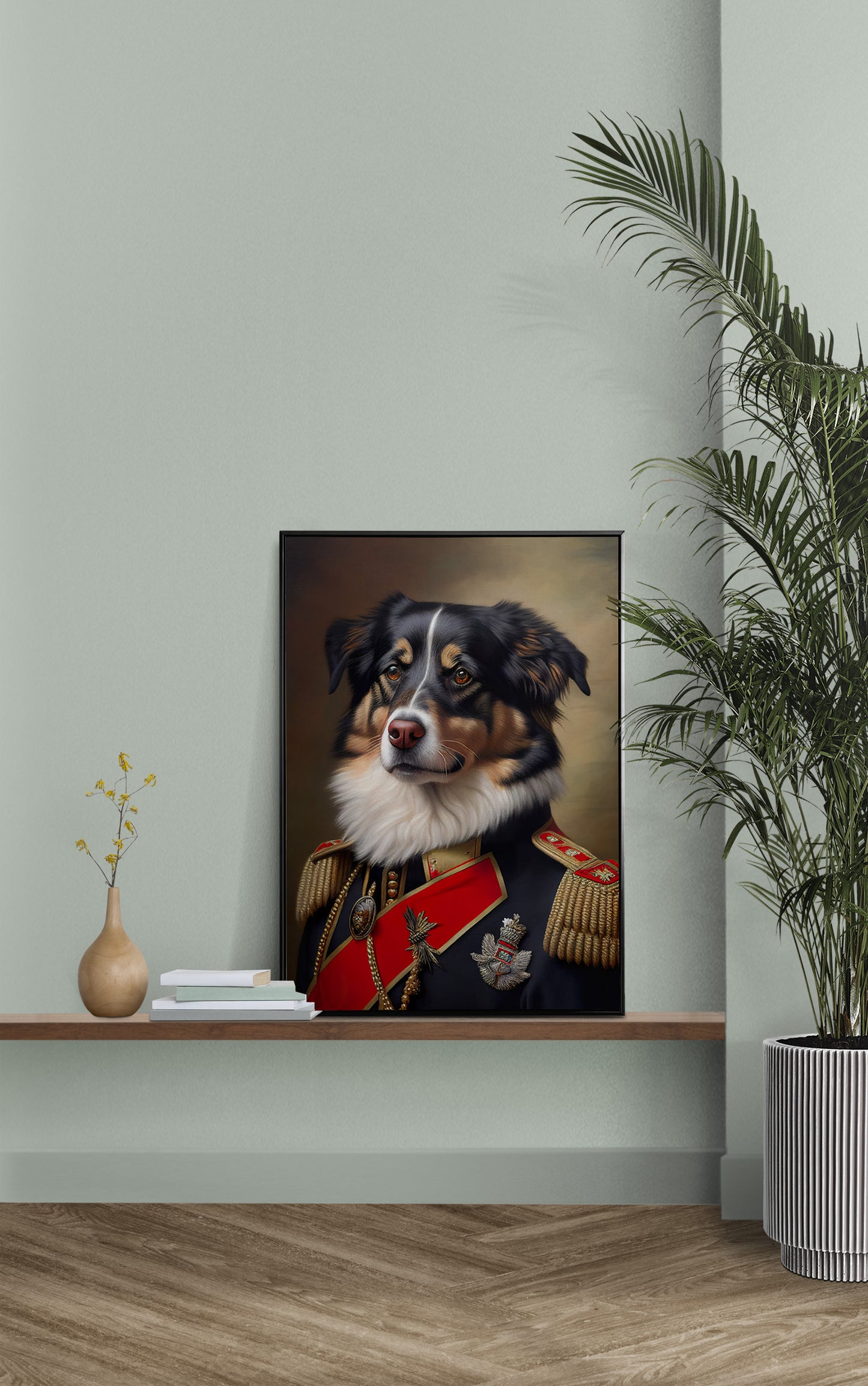 Poster berger australien en uniforme sur une étagère murale, mur vert sauge et palmier en pot