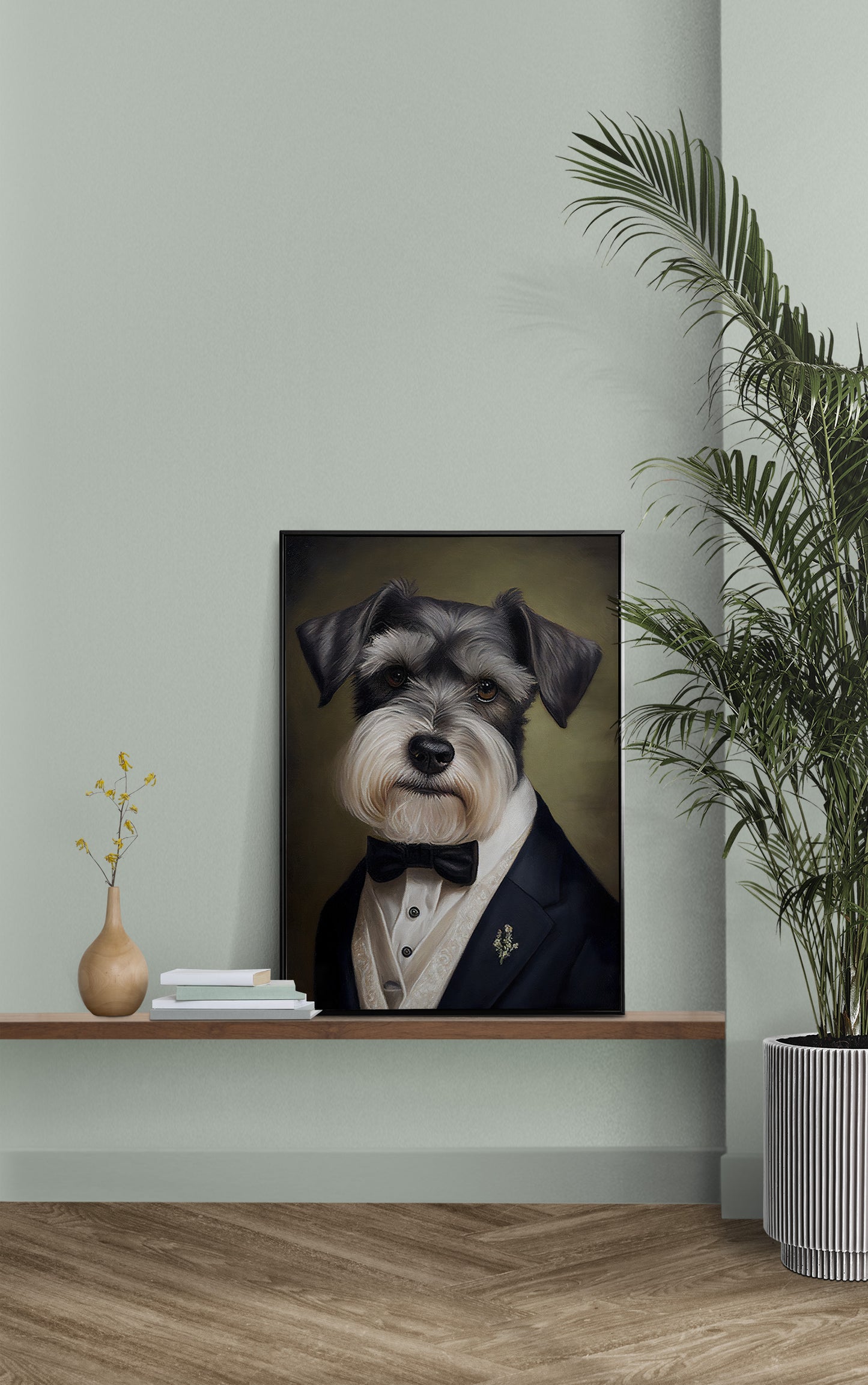 Chic Schnauzer in Tuxedo Poster - Humorous Wall Art Print for Dog Lovers, Elegant Home Decor