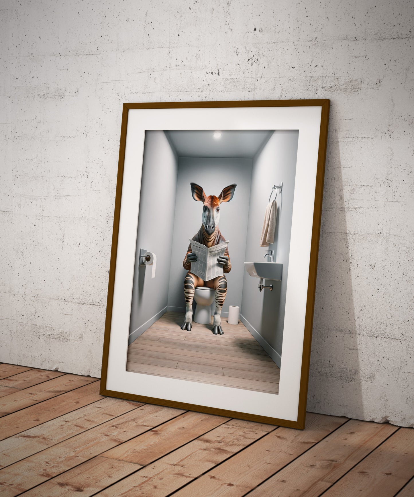 Poster okapi lisant le journal, cadre bois foncé et passe-partout, posé au sol contre un mur blanchi