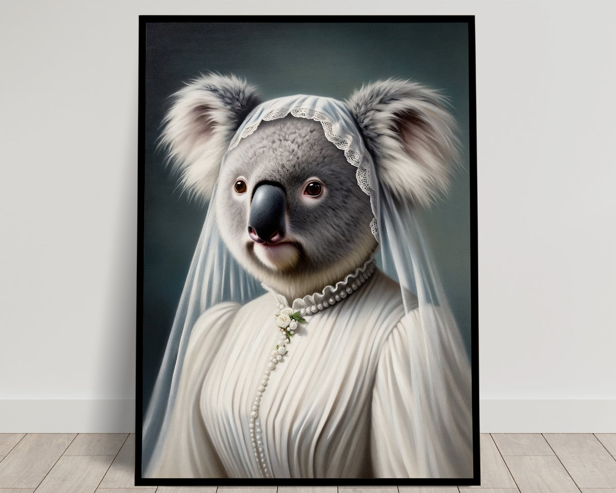 Portrait of a gray koala in a pleated white wedding dress, pearl collar and veil, dark teal background, black frame