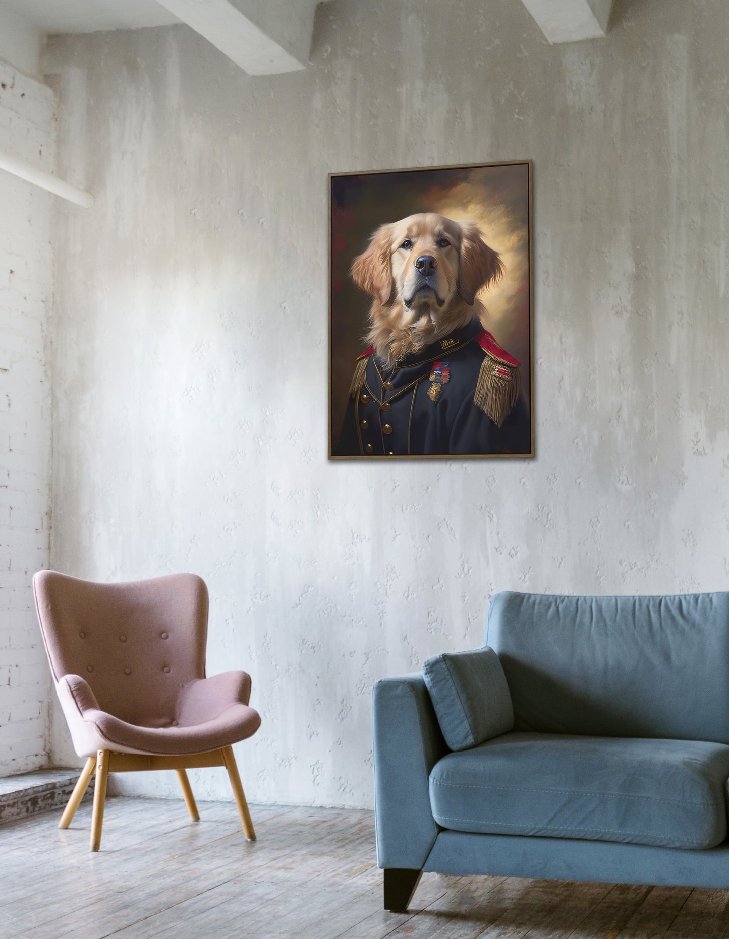 Golden Retriever in uniform poster on a whitewashed wall above a pink armchair and a blue sofa