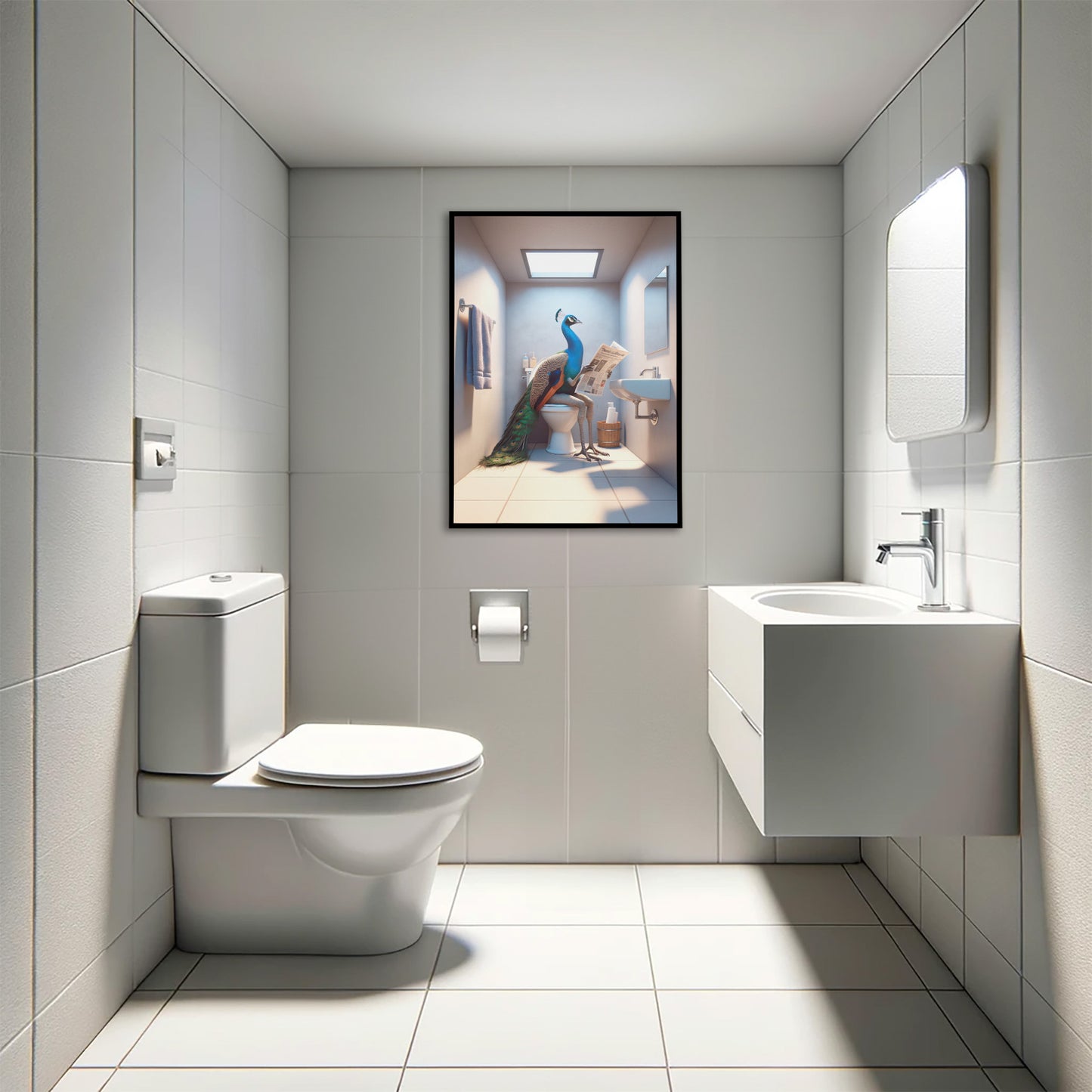 Poster paon lisant le journal en cadre noir au-dessus d'un WC suspendu, toilettes carrelées gris clair