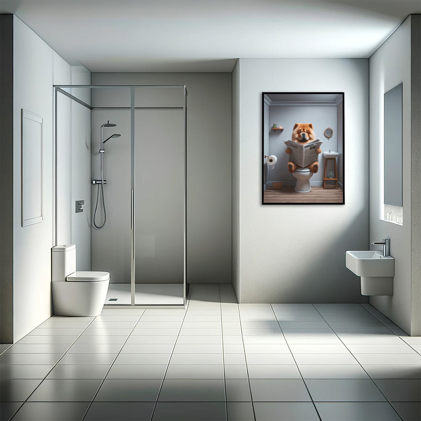 Chow Chow poster in a black frame on a gray bathroom wall next to a glass shower