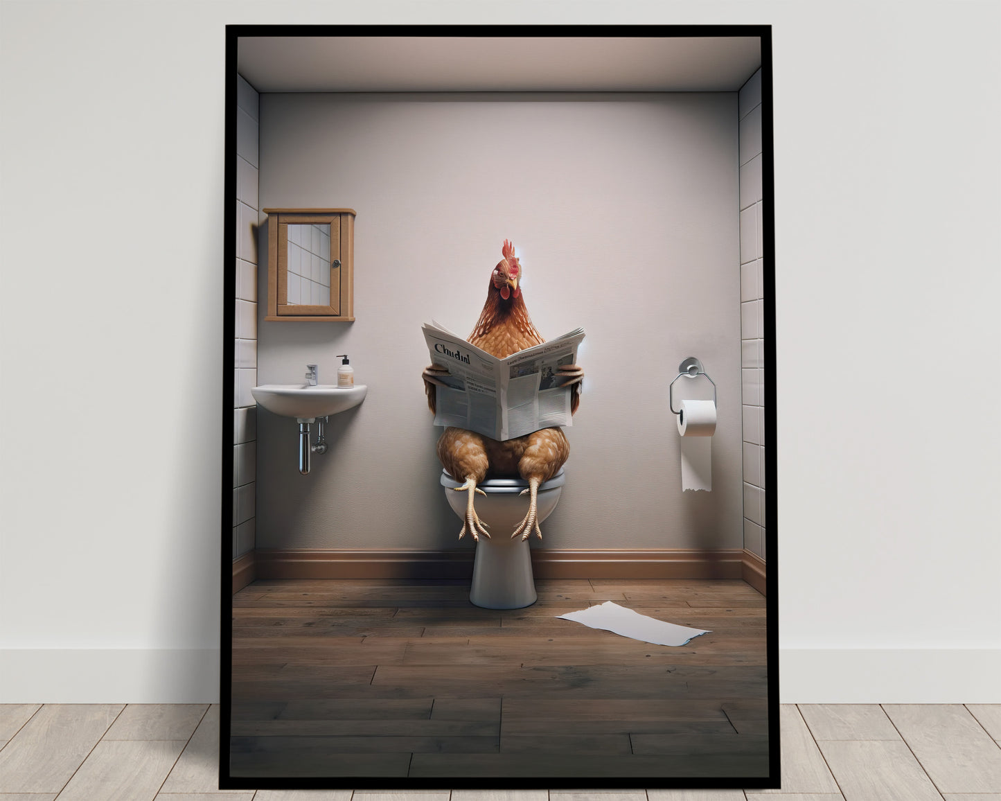 Poulet roux assis sur les toilettes lisant le journal, armoire à pharmacie en bois et parquet foncé
