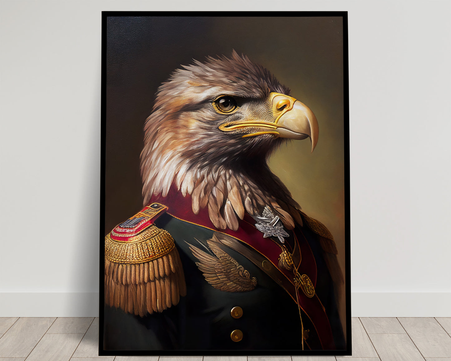 Portrait d'un aigle en uniforme vert sombre à col bordeaux, épaulette dorée et insigne argenté, poster Balthazart Studio