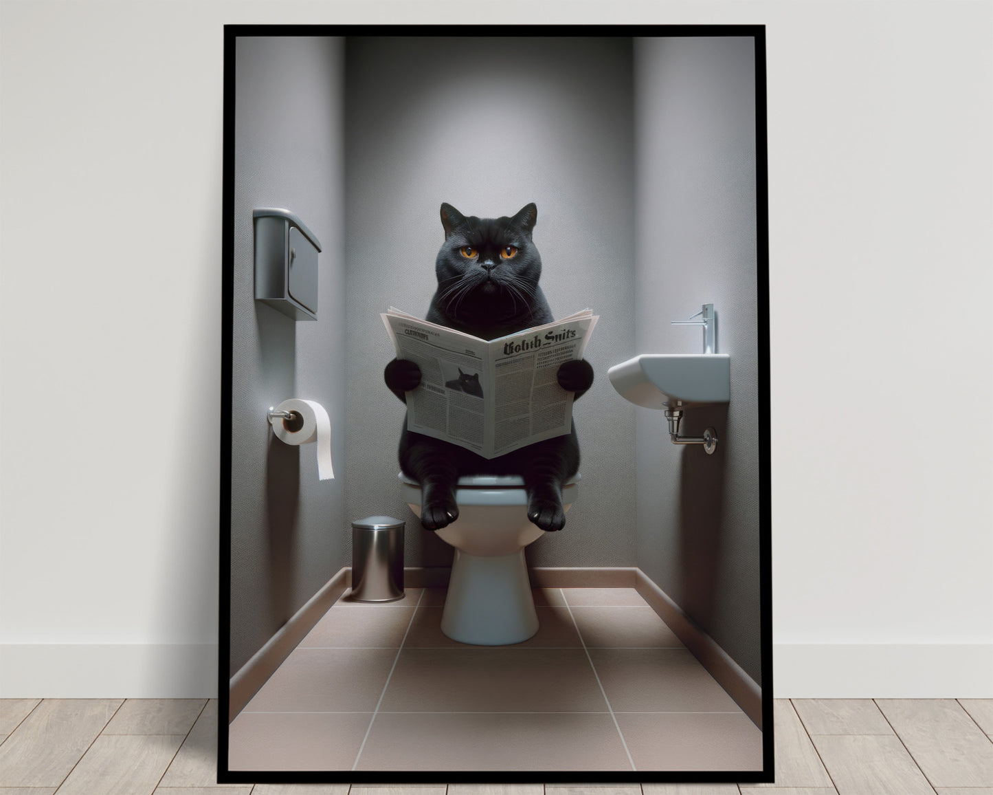 Chat British Shorthair noir lisant le journal sur les toilettes, yeux orange, WC gris, cadre noir