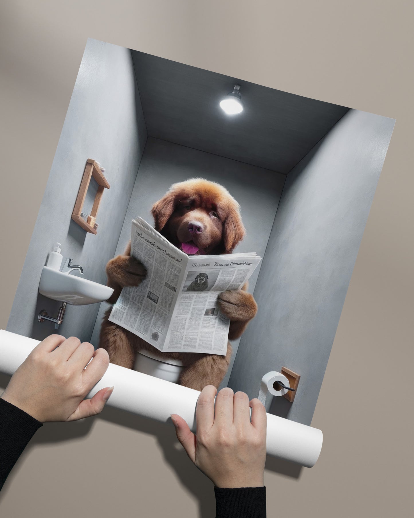 Poster d'un Terre-Neuve marron lisant le journal, Déco Humour WC, Cadre Salle de bain, Affiche Toilettes, Cadeau Original
