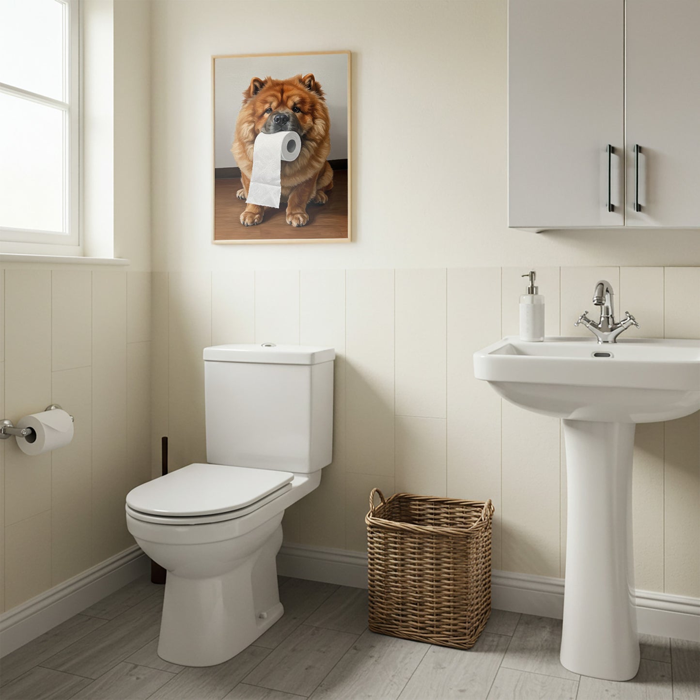Poster Chow-Chow en cadre bois clair au-dessus des WC, panier en osier et lavabo sur colonne