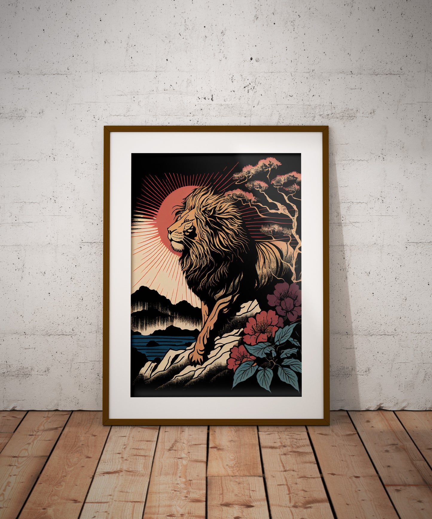 Affiche lion ukiyo-e, cadre bois foncé et passe-partout, posée au sol contre un mur de briques