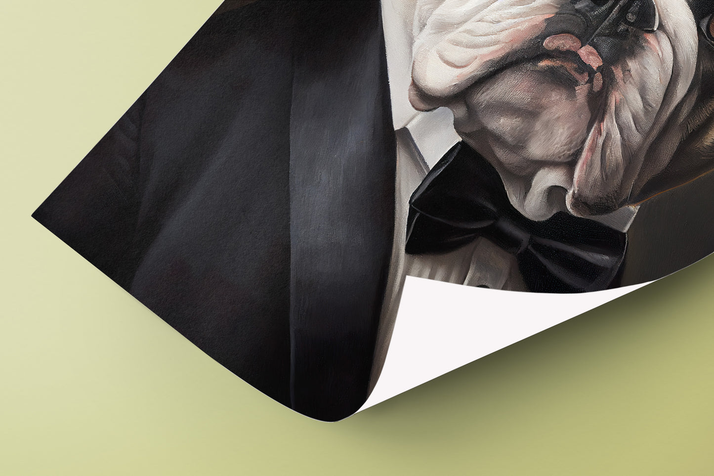 Chic English Bulldog Poster in Tuxedo - Stylish Wall Art Print – Humorous Dog Artwork for Home Decor