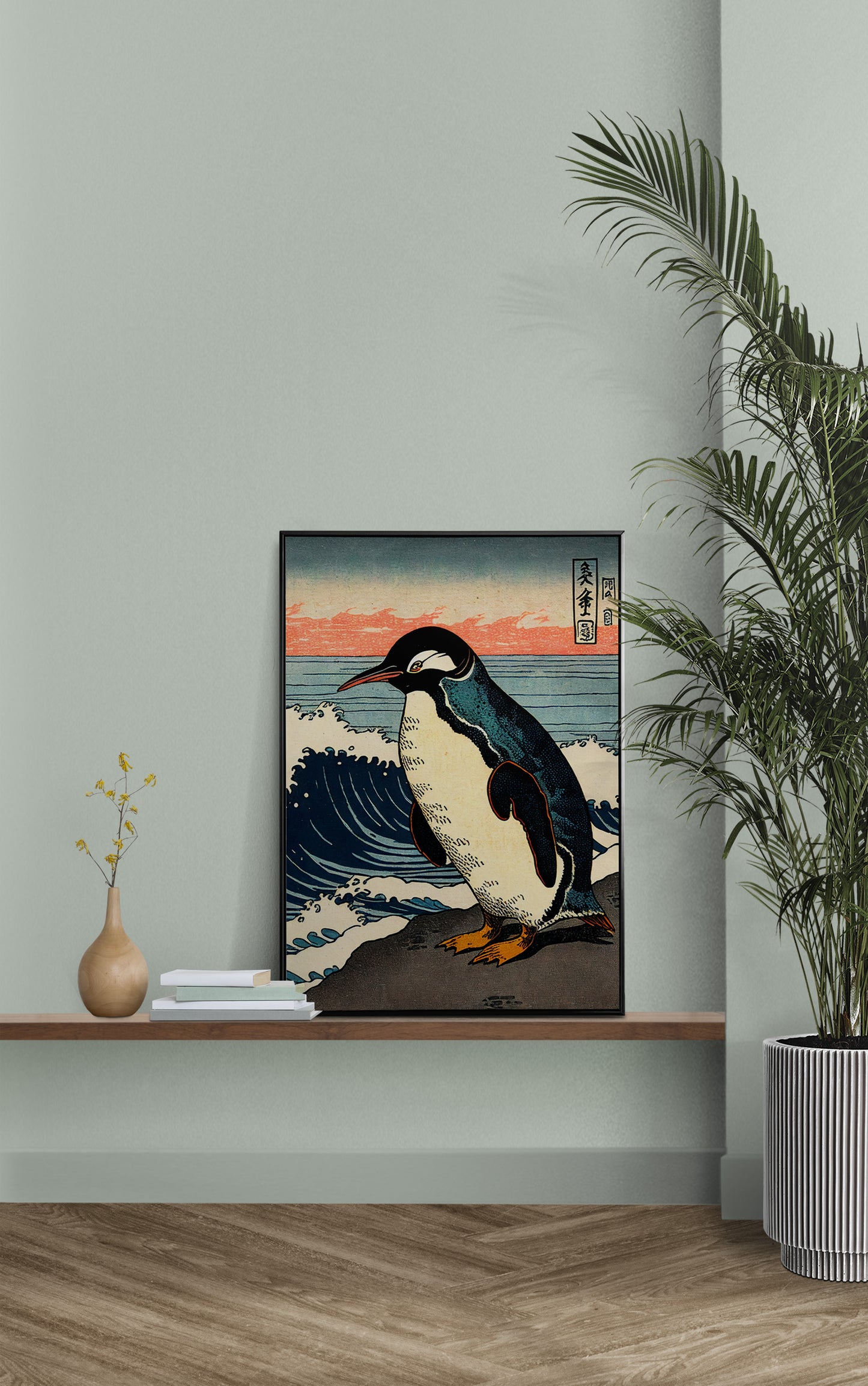 Affiche pingouin ukiyo-e posée sur une étagère murale, mur vert sauge et palmier en pot