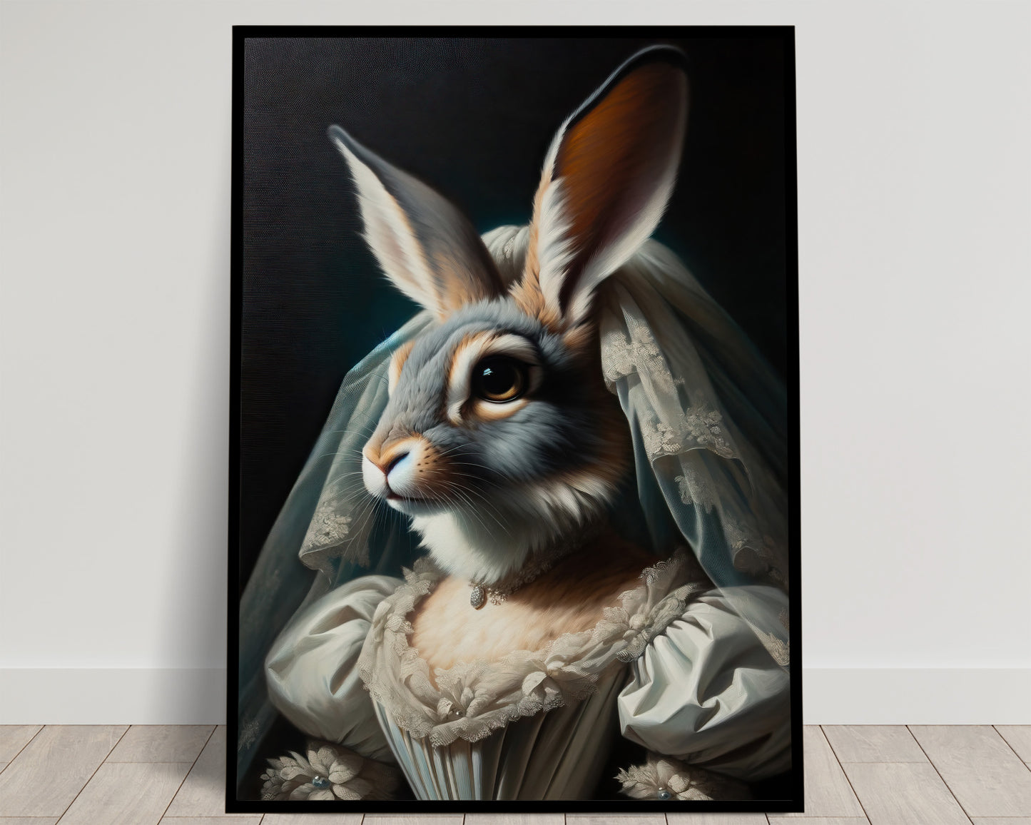 Portrait d'une lapine grise en robe de mariée à manches bouffantes et voile de dentelle, fond noir, poster cadre noir
