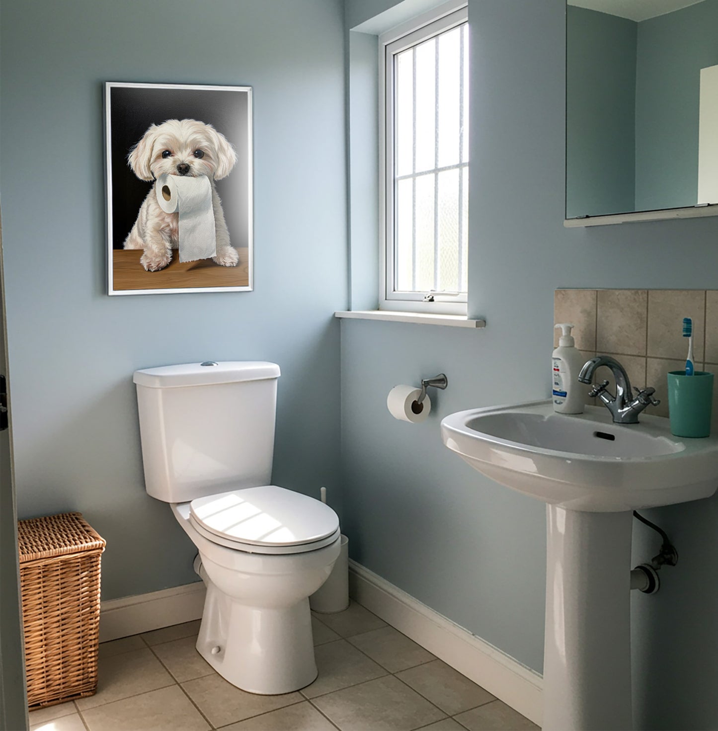 Maltese toilet paper poster in a white frame on a light blue wall by a window