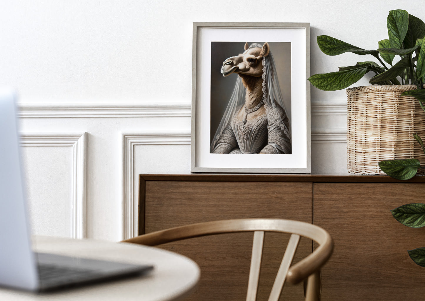 Camel bride poster in a natural wood frame with mat on a sideboard near a plant