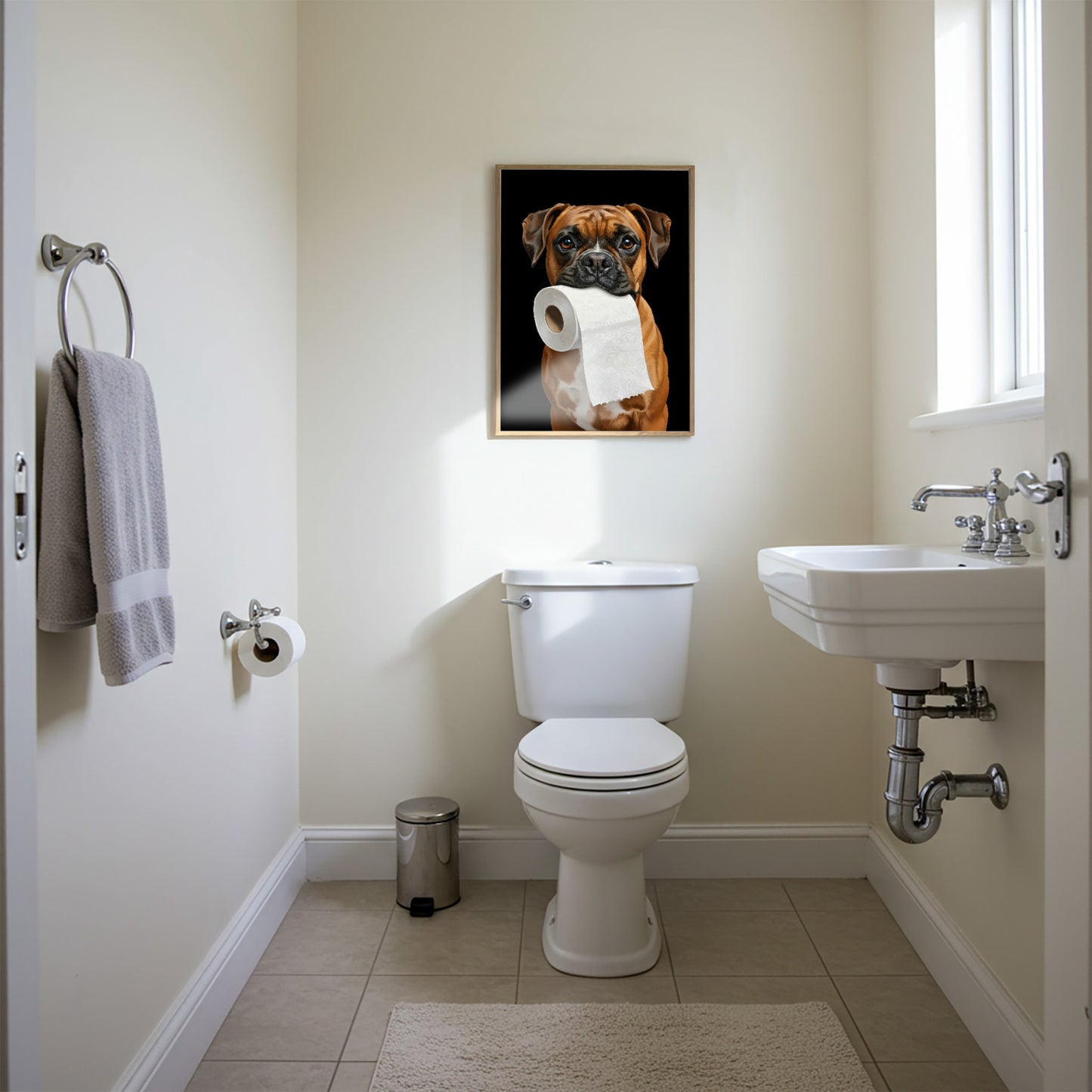 Poster chien boxer drôle pour toilettes – Décoration murale WC humour, idée cadeau, affiche encadrée ou non, art mural original