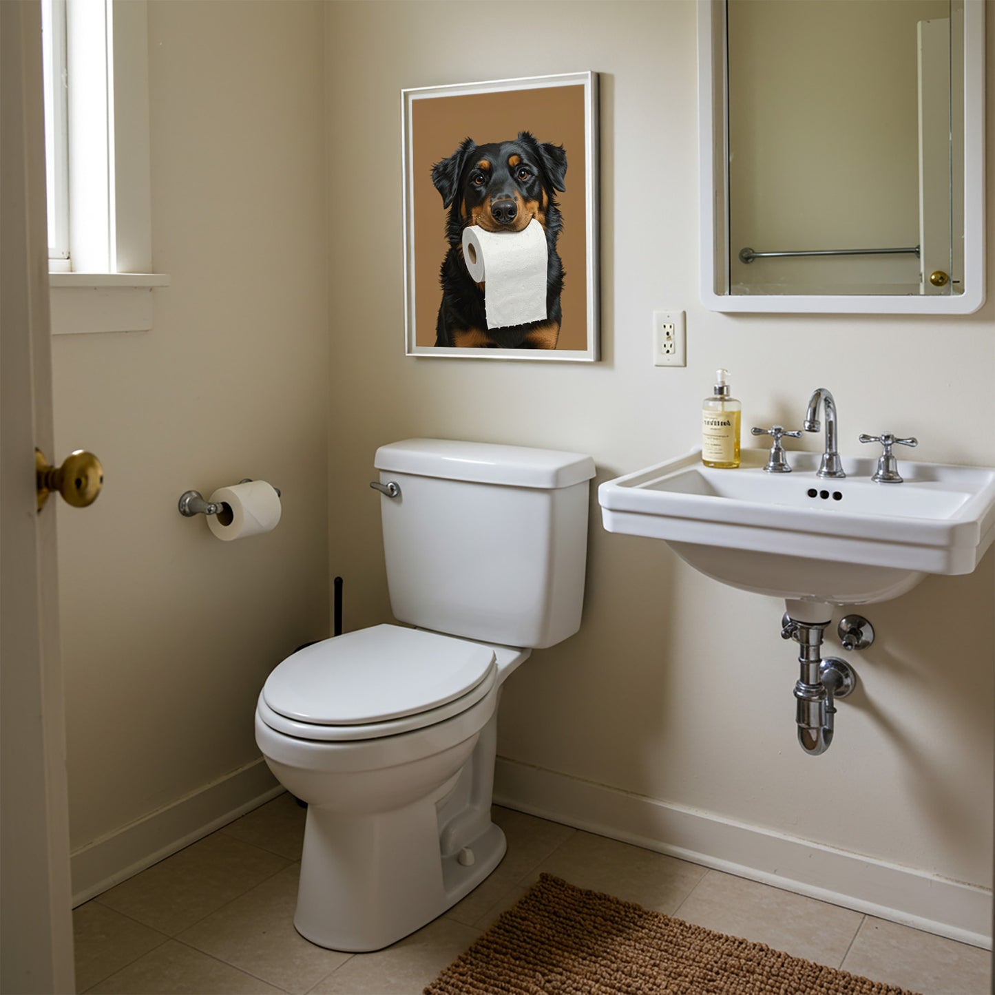 Poster chien Beauceron drôle pour toilettes – Affiche encadrée humour WC, cadeau original Berger de Beauce, déco murale
