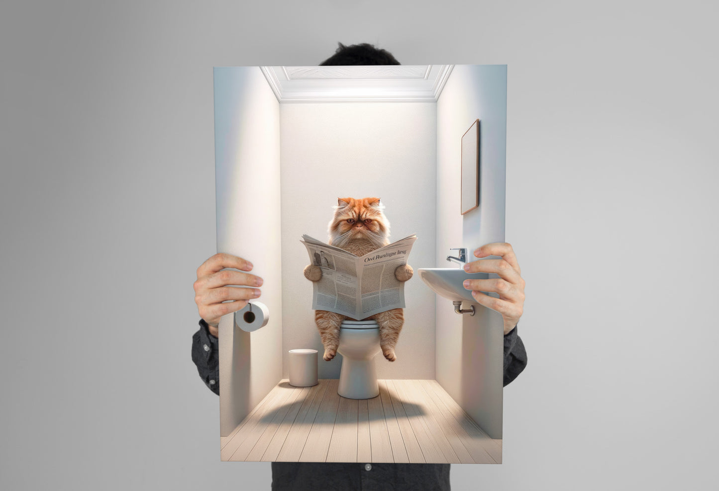 Affiche Murale Humour : Chat Persan Tigré Roux aux Toilettes, Déco WC & Salle de Bain, Idée Cadeau Chat Amusant
