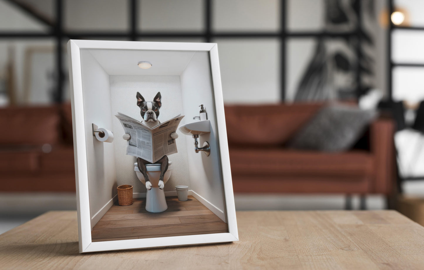 Poster Humoristique Boston Terrier, Déco WC, Cadre Salle de Bain, Art Mural, Cadeau Original Toilettes