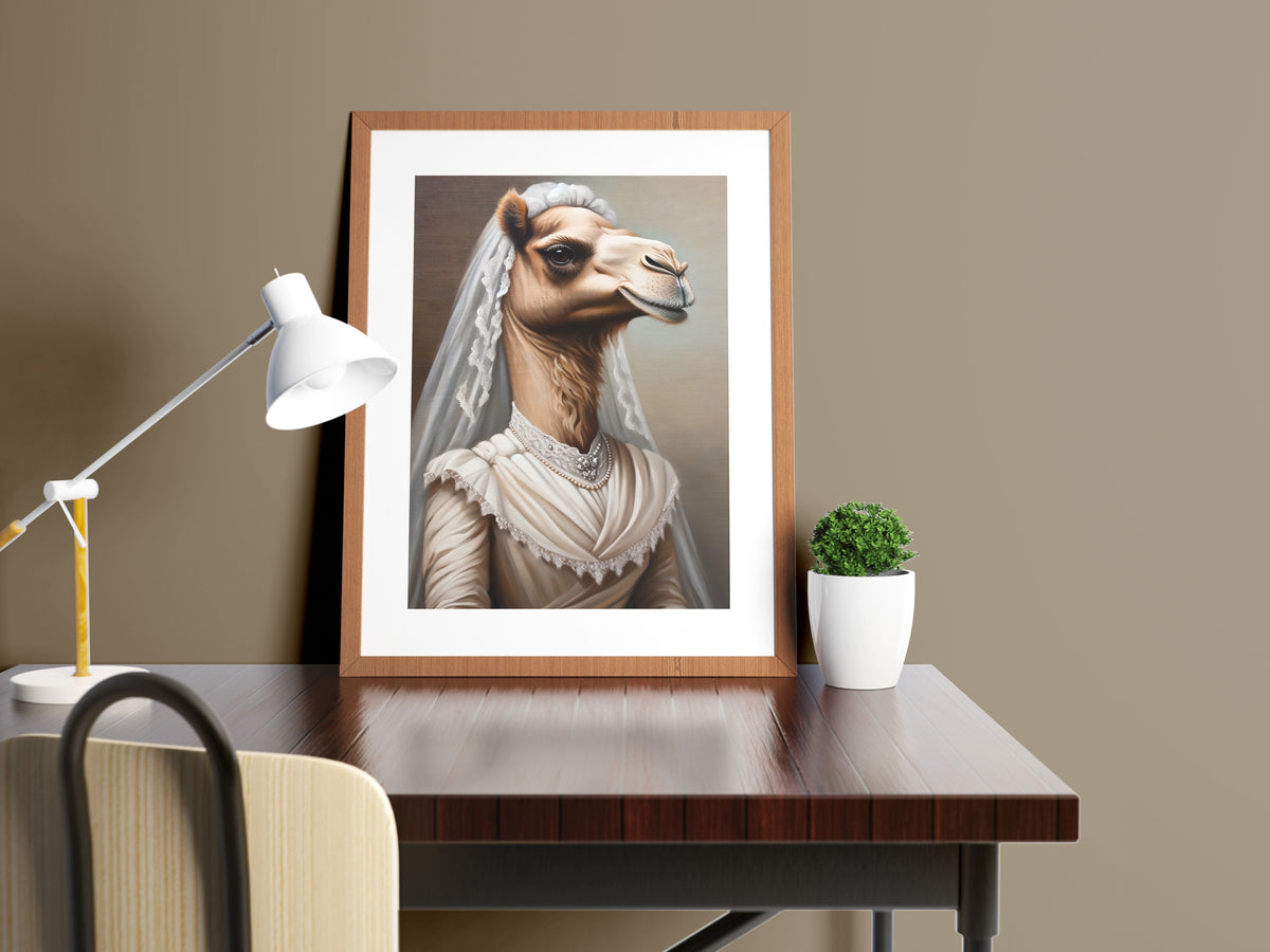 Camel bride poster in a dark wood frame with mat on a desk, taupe wall and white lamp