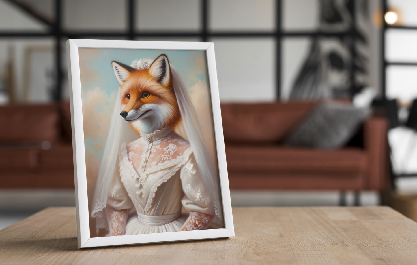 Fox in wedding dress poster in a white frame on a wooden table, blurred living room behind