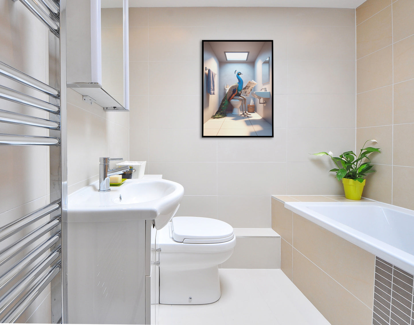 Poster paon lisant le journal en cadre noir, salle de bain claire avec baignoire et plante